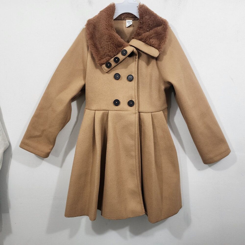 SHEIN Young Girl Borg Collar Double Breasted Overcoat Brown Tan Faux Fur Size 7Y